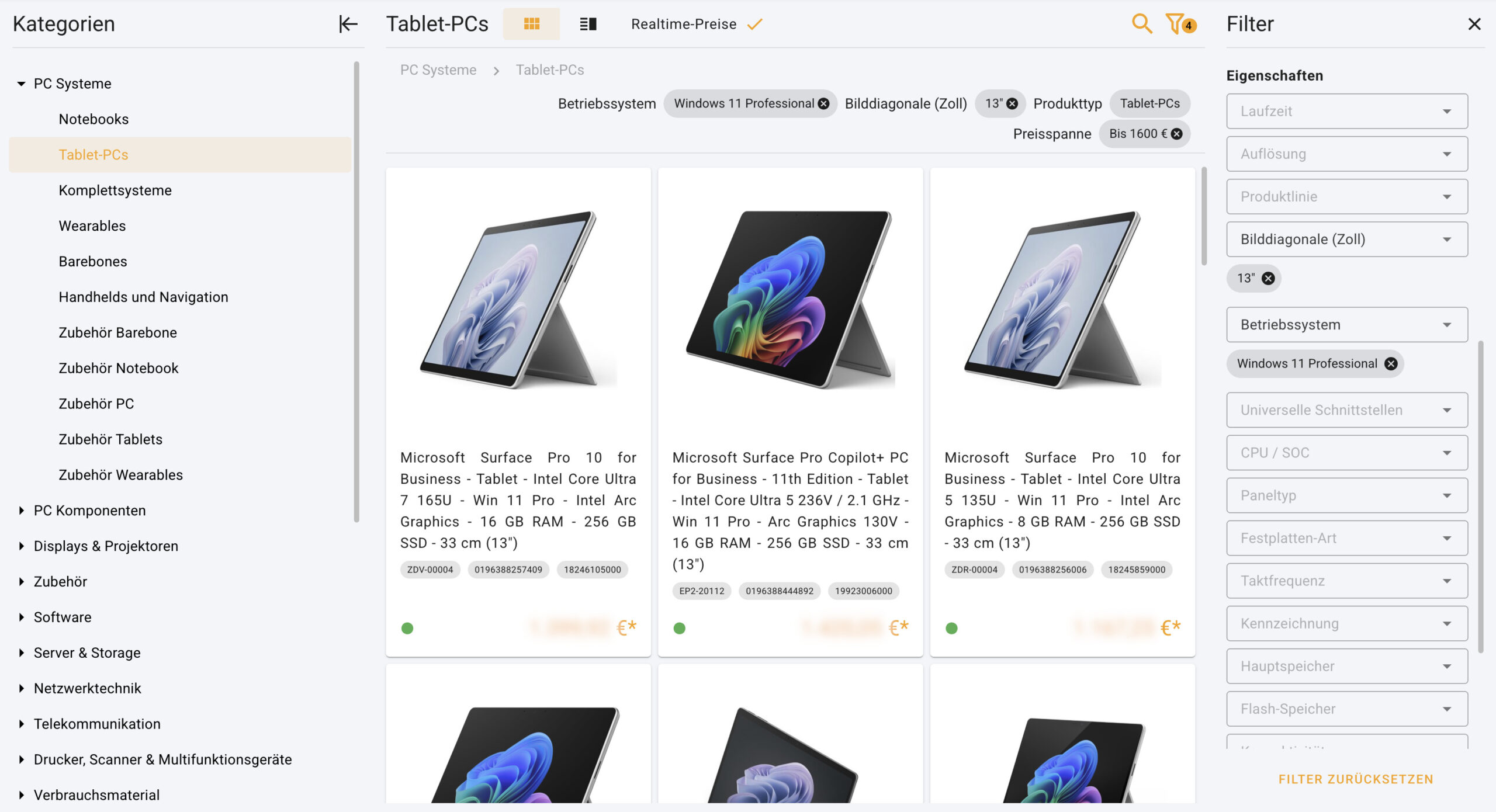 Filteransicht im Online-Shop