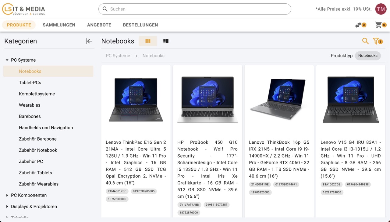 Screenshot der Shop-Oberfläche mit Produktkategorien und Filteransicht